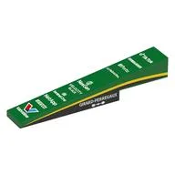 Brick Sloped 1 x 6 x 1 with 1 x 2 x 1/3 Cutout with Black and Yellow Stripes, White Sponsor Names Print, Green