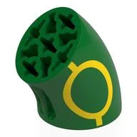Brick Round 3 x 3 D. Tube with 45° Elbow and Axle Holes (Crossholes) at Each End with Yellow Line and Circle Print, Green
