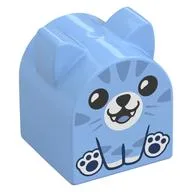 Duplo Brick 2 x 2 x 2 Curved Top with Pointed Ears, Cat Print, Bright Light Blue