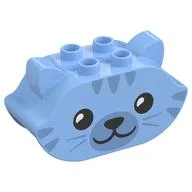 Duplo Brick 2 x 4 x 2 Ears and Pointed Ends with Cat Face Print, Bright Light Blue