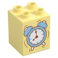Duplo Brick 2 x 2 x 2 with Alarm Clock Print, Stuffed Bunny on Back Print, Bright Light Yellow