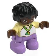 Duplo Figure Child with Short Wavy Hair Black, Sunflower Lanyard, Medium Lavender Legs, Bright Light Yellow