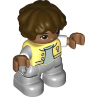 Duplo Figure Child with Short Wavy Hair Dark Brown, Light Bluish Gray Legs, Letterman Jacket Print, Bright Light Yellow