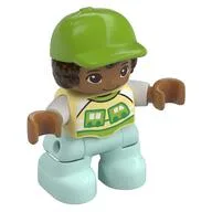 Duplo Figure Child with Hair and Cap Lime, Light Aqua Legs, Bright Light Yellow Shirt Print, Bright Light Yellow
