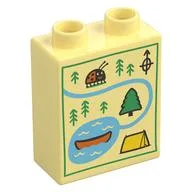 Duplo Brick 1 x 2 x 2 with Map, Ladybug, Trees, River, Lake, Tent, Cano Print, Bright Light Yellow