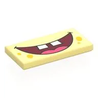 Tile 2 x 4 with Dark Red Mouth, Dark Pink Tongue, White Teeth, Yellow Spots Print, Bright Light Yellow