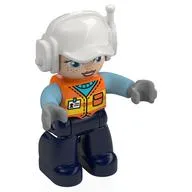Duplo Figure with Headset and Cap White, Dark Blue Legs, Safety Vest, Light Nougat Face Print, Orange
