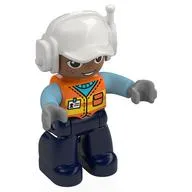 Duplo Figure with Headset and Cap White, Dark Blue Legs, Safety Vest Print, Orange