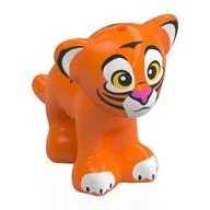 Animal, Big Cat Cub with Black Stripes, White Ears, Paws, Face, Bright Light Yellow Eyes, Dark Pink Nose Print, Orange