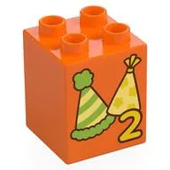 Duplo Brick 2 x 2 x 2 with '2', Party Hats Print, Orange