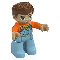 Duplo Figure with Thick Hair Combed Forward Reddish Brown, with Bright Light Blue Overall, Orange
