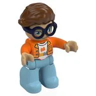 Duplo Figure with Hair Swept Right Reddish Brown, Dark Blue Glasses, with Medium Azure Legs, Shirt Print, Orange