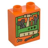 Duplo Brick 1 x 2 x 2 with Bright Green Toolbox, Tools Print, Orange