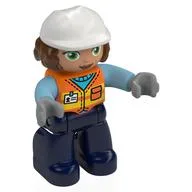 Duplo Figure with Construction Helmet White and Reddish Brown Hair, Dark Blue Legs, Safety Vest Print, Orange