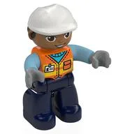 Duplo Figure with Construction Helmet White and Black Hair, Dark Blue Legs, Safety Vest Print, Orange