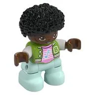 Duplo Figure Child, Afro Black, Light Aqua Legs, Bright Pink Shirt Print, Lime