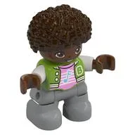 Duplo Figure Child, Afro Dark Brown, Light Bluish Gray Legs, Bright Pink Shirt with Music Note Print, Lime