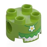 Brick Round 2 x 2, Pin Holes with White Dress, Green Ruffles, Daisy Pendant Print, Lime