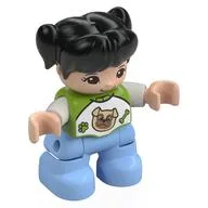 Duplo Figure Child with Ponytails and Bangs Black, with Top with White Sleeves, Bright Light Blue Legs, Lime