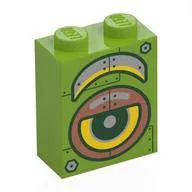 Brick 1 x 2 x 2 with Yellow Robot Eye, Silver/Copper Armor Plating Print, Lime
