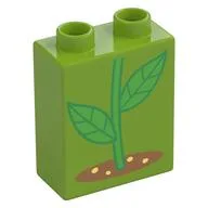 Duplo Brick 1 x 2 x 2 with Green Stem, Ground Print, Lime