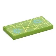 Tile 2 x 4 with Dark Turquoise Flower, Yellowish Yellow Stripes Print, Lime