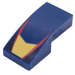 Brick Curved 2 x 1 No Studs with Yellow Shape, Red Lines, Black Triangles Print, Dark Blue