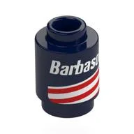 Brick Round 1 x 1 with White 'Barbasol', White and Red Stripes Print, Dark Blue
