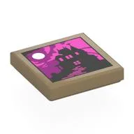 Tile 2 x 2 with Black House Silhouette, Dark Purple/Dark Pink Sky, Moon Print, Dark Tan