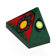 Brick Sloped 45° 2 x 1 Triple with Lime/Yellowish Green Eyes, Dark Bluish Grey/Yellow Medallion, Red Wings Print, Dark Green