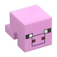 Minifig Head Special, Cube with Rear Ledge, Pixelated Black, White and Dark Red Face, Black Snout Outline Print (Pig), Bright Pink