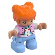 Duplo Figure Child with Two Buns on Top and Long Bangs Orange, Bright Light Blue Legs, White Shirt with Red Spots Print, Bright Pink