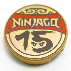 Tile Round 2 x 2 with NINJAGO on Red Banner, Black '15' with Face Print, Pearl Gold