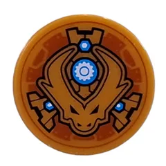 Tile Round 2 x 2 with Dragon Head, White Gear in Dark Azure Circle Print, Pearl Gold