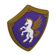 Shield Triangular with Spiked Top with White Horse, Gold Mane, Tail, Hooves on Dark Purple Background Print, Pearl Gold