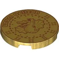 Tile Round 3 x 3 with Dark Red Galleon, Dragon, 'UNUM GALLEON 1' Print, Pearl Gold