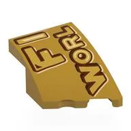 Brick Wedged, Curved 3 x 2 with Stud Notch Right with 'FI', 'WORL' Print, Pearl Gold