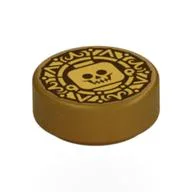 Tile Round 1 x 1 with Dark Red Doubloon, Minifig Head Print, Pearl Gold