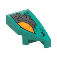 Brick Wedged, Curved 2 x 1 with Stud Notch Right with Orange Eye, Silver Armor Plating Print, Dark Turquoise