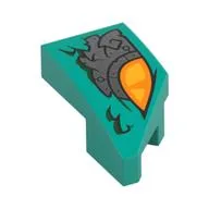 Brick Wedged, Curved 2 x 1 with Stud Notch Left with Orange Eye, Silver Armor Plating Print, Dark Turquoise