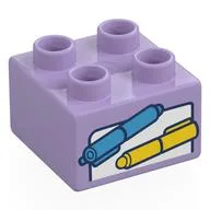 Duplo Brick 2 x 2 with Blue and Yellow Pens, Paper Print, Lavender