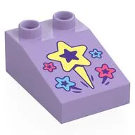 Duplo Brick 3 x 2 Slope 33° with Coral, Medium Blue, Bright Light Yellow Stars Print, Lavender