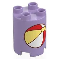Duplo Brick Round 2 x 2 x 2 with Red/White/Bright Light Yellow Beachball Print, Lavender