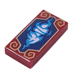 Tile 1 x 2 with White/Blue Dragon Shape on Dark Blue Background, Gold Decorations Print, Dark Red