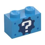 Brick 1 x 2 with '?' on Gear Background and Blue Spots Print, Dark Azure