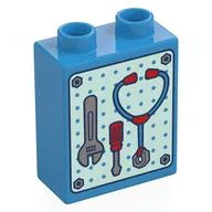 Duplo Brick 1 x 2 x 2 with Tool Rack, Wrench, Screwdriver, Stethoscope Print, Dark Azure
