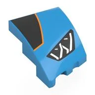 Brick Wedged, Curved 3 x 2 with Stud Notch Left with Headlight, Black Shape with Orange Border, Print, Dark Azure