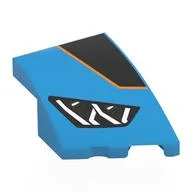 Brick Wedged, Curved 3 x 2 with Stud Notch Right with Headlight, Black Shape with Orange Border, Print, Dark Azure