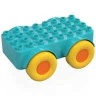 Duplo Car Base 4 x 8 with Four Large Yellow Wheels and Orange Hubs, Medium Azure