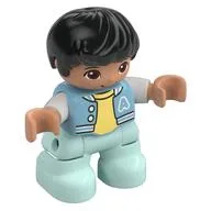 Duplo Figure Child, Hair Combed Forward with Curl Black, Light Aqua Legs, Bright Light Yellow Under Shirt, Jacket Print, Medium Azure